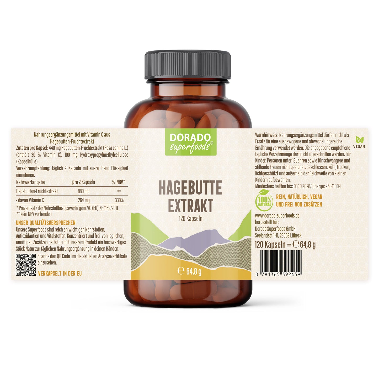 Hagebutte Extrakt Kapseln – 440 mg Frucht – 30% Vitamin C | 120 Stück – 2 Monatsvorrat