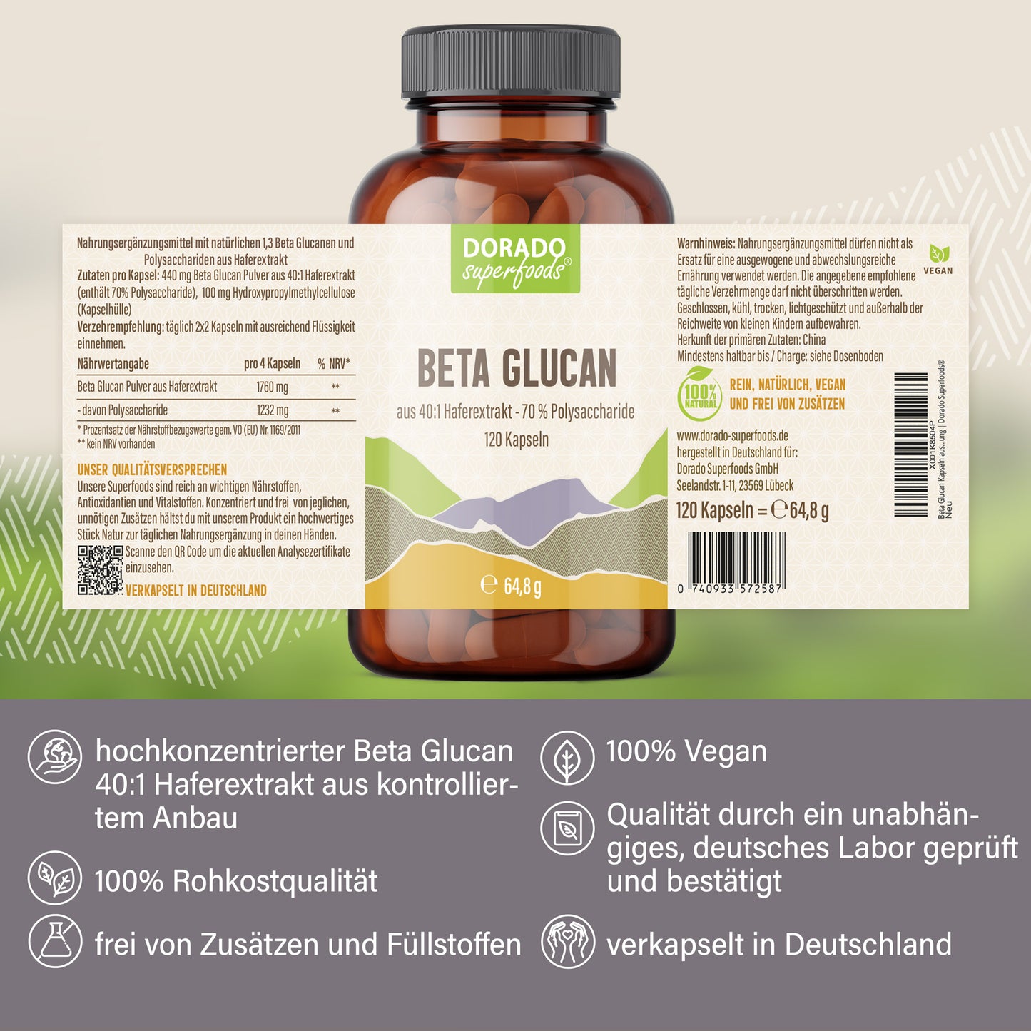 Beta Glucan Kapseln 70 % - 120 Stück, 1760 mg Tagesportion