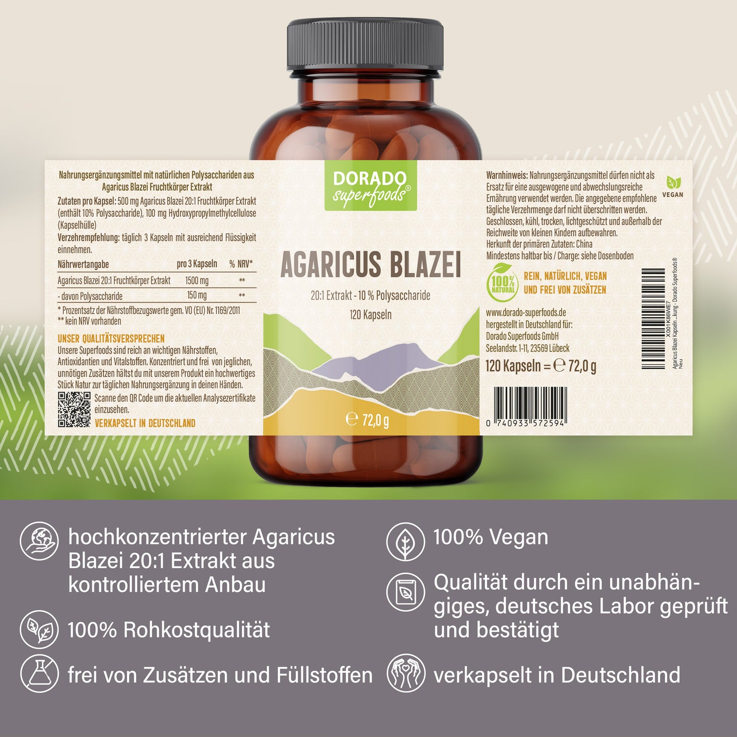 Agaricus Blazei Kapseln 20:1 Extrakt - 120 Stück, 1500 mg Tagesportion