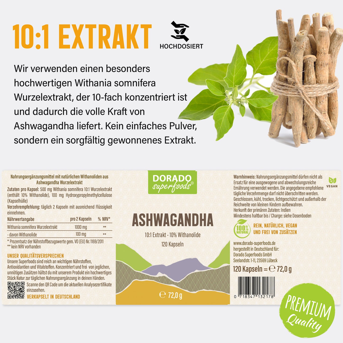 Ashwagandha Extrakt Kapseln 10% Withanolide - 120 Stück, 1000 mg Tagesportion