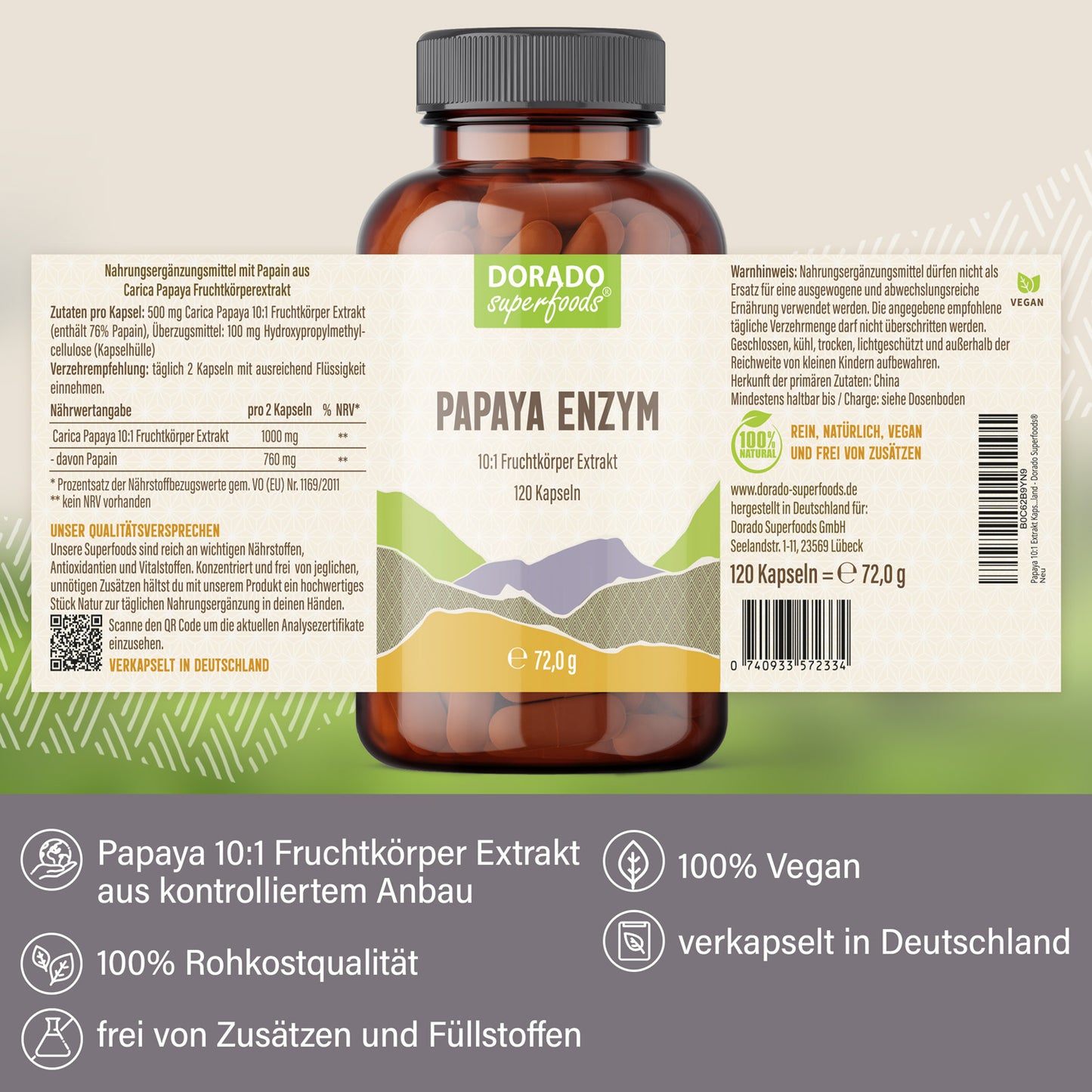 Papaya Extrakt Kapseln - 120 Stück, 1000 mg Tagesportion