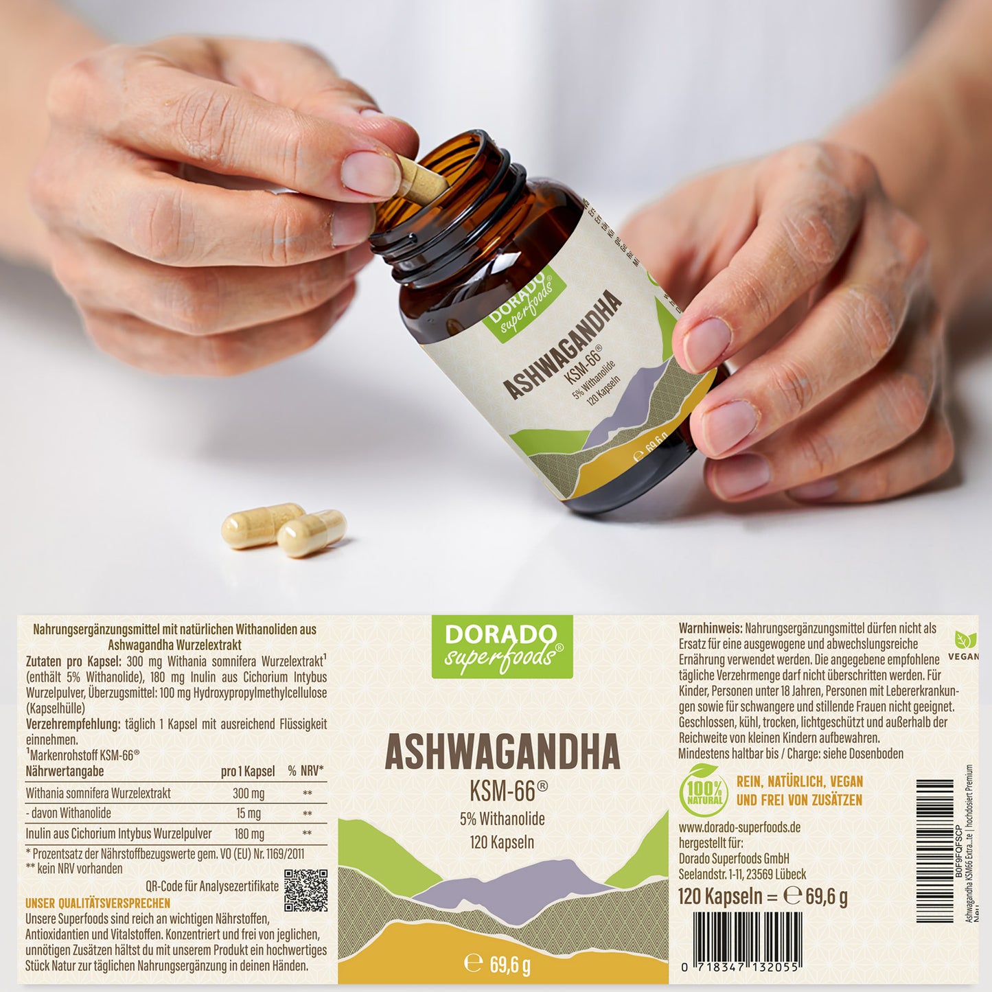 Ashwagandha KSM66 Extrakt Kapseln 5% Withanolide - 120 Stück, 300 mg Tagesportion