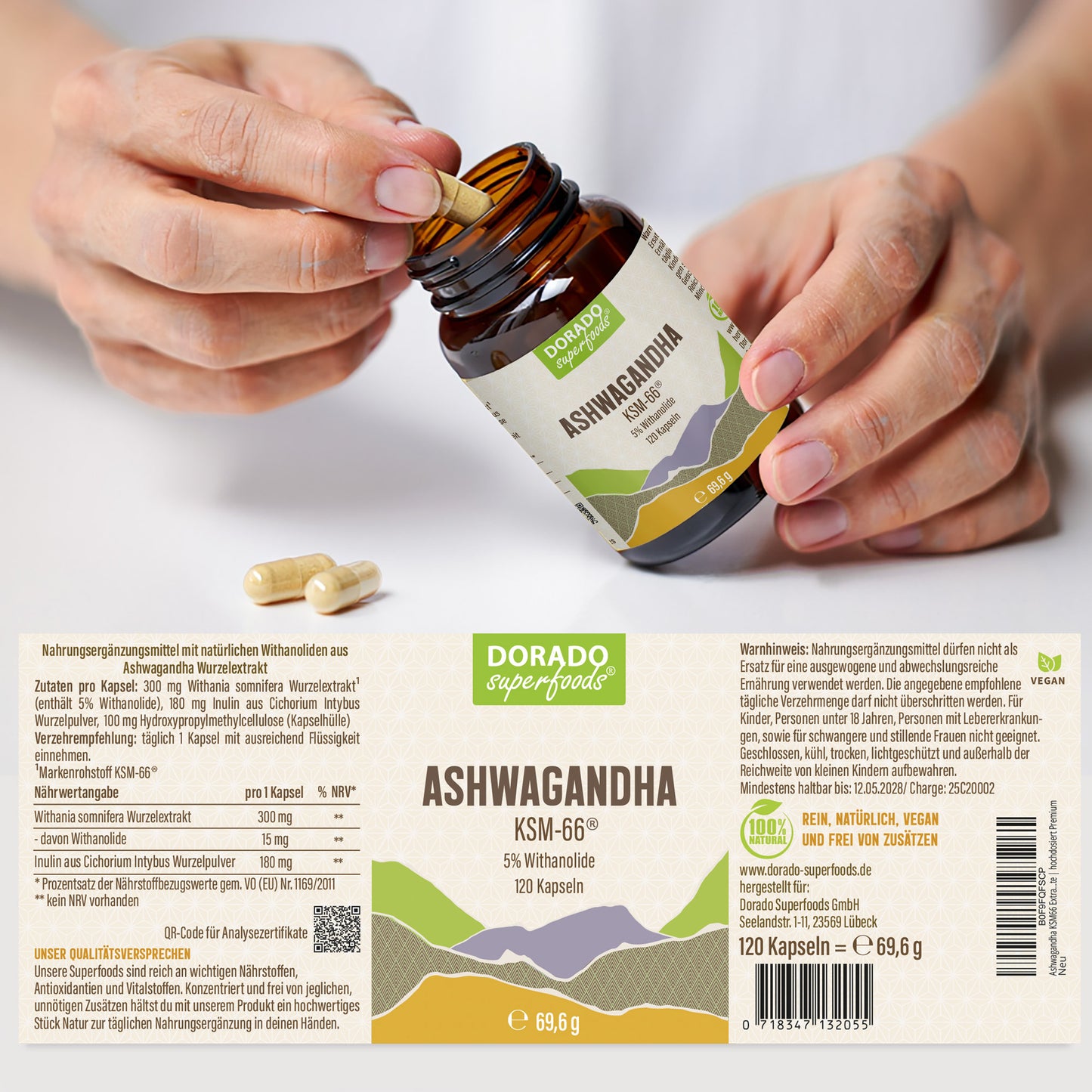 Ashwagandha KSM66 Extrakt Kapseln 5% Withanolide - 120 Stück, 300 mg Tagesportion