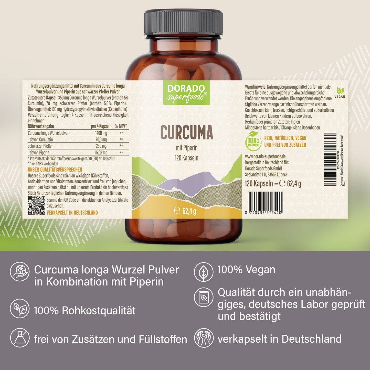 Curcuma + Piperin Kapseln - 120 Stück, 1680 mg Tagesportion