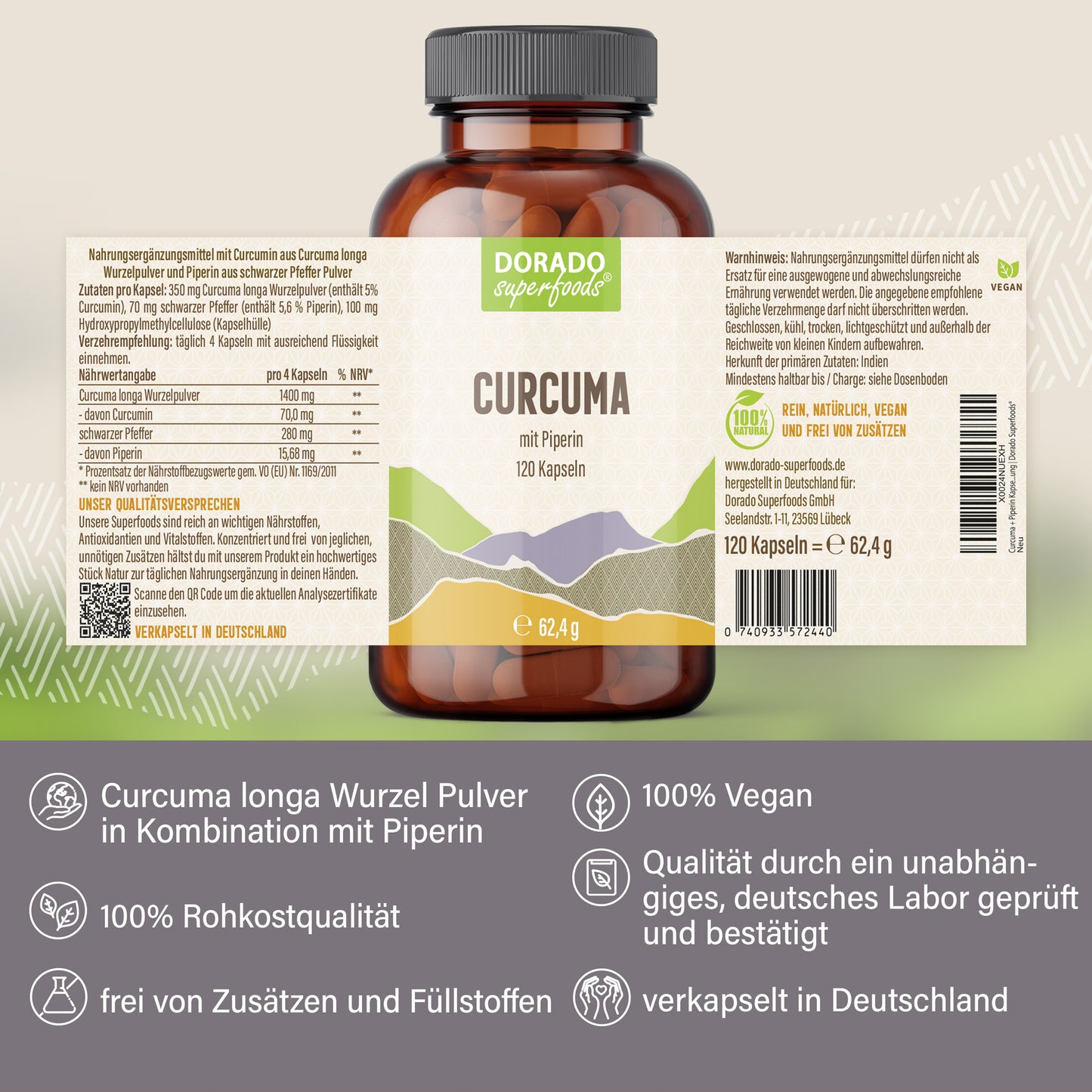 Curcuma + Piperin Kapseln - 120 Stück, 1680 mg Tagesportion