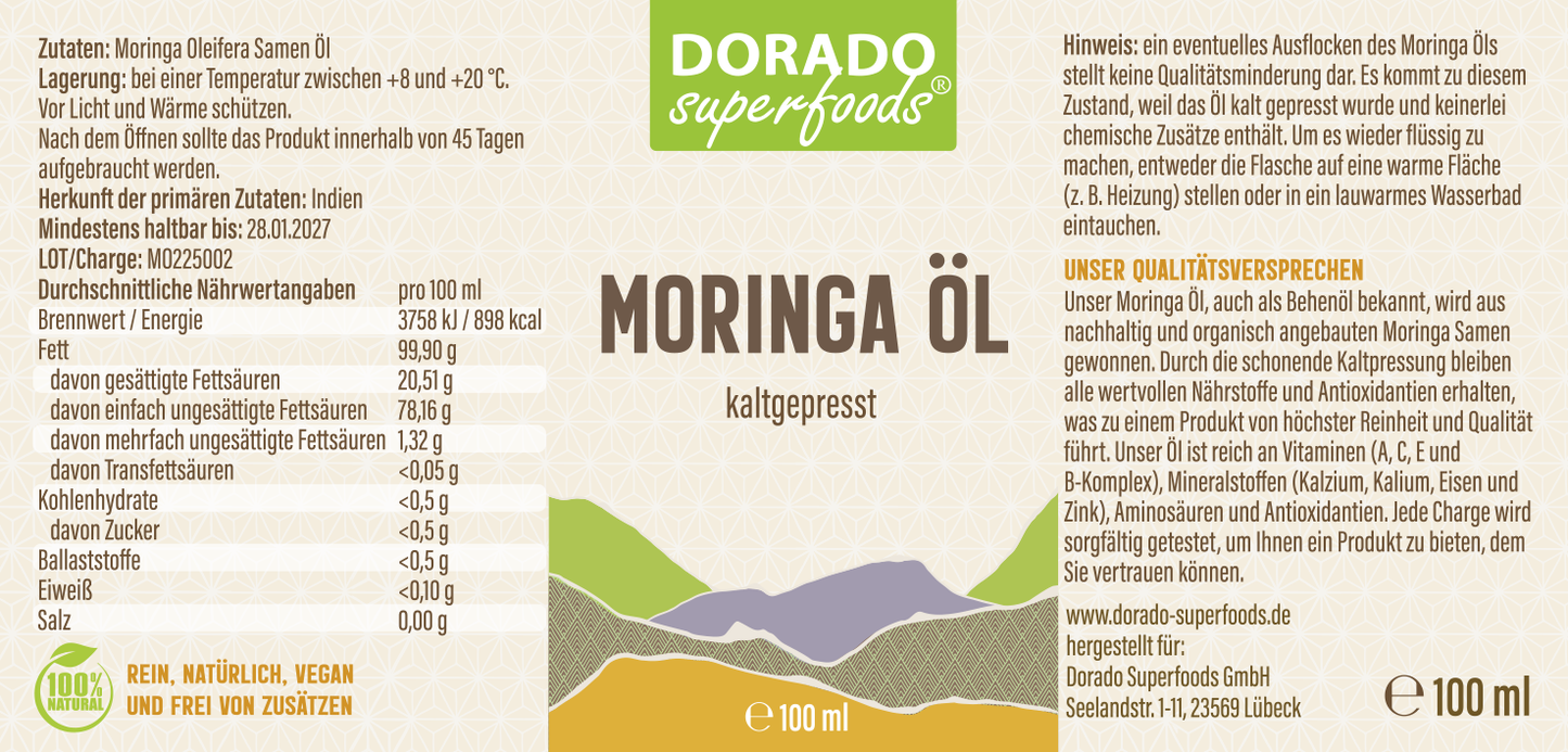Moringa Öl kaltgepresst - 100 ml mit Pipette