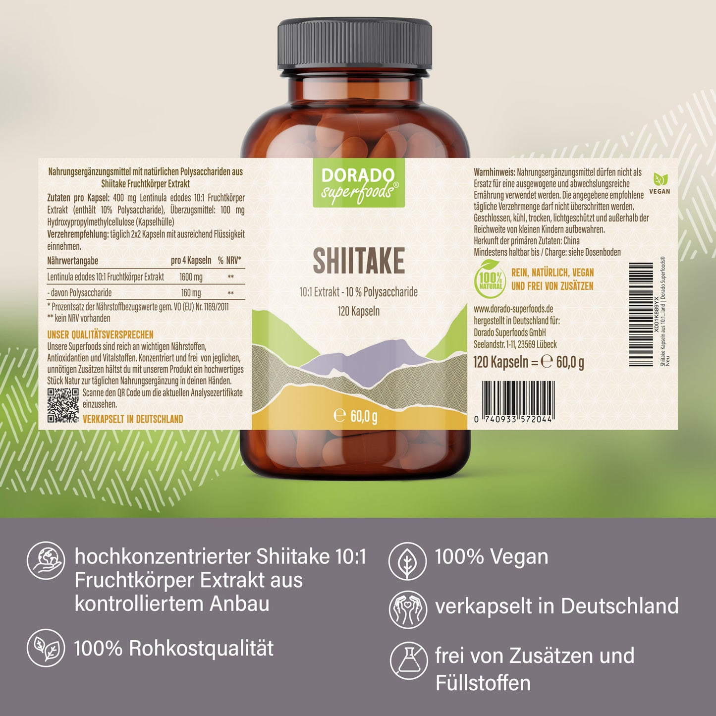 Shiitake Extrakt Kapseln - 120 Stück, 1600 mg Tagesportion