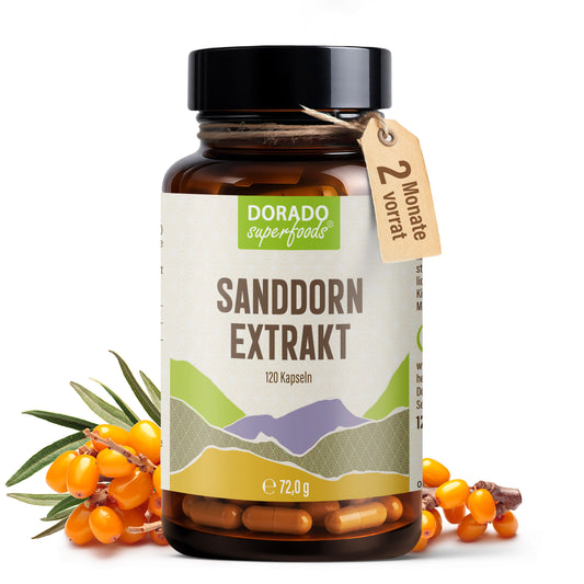 Sanddorn Extrakt Kapseln –  500 mg Frucht  – 30% Vitamin C | 120 Stück – 2 Monatsvorrat