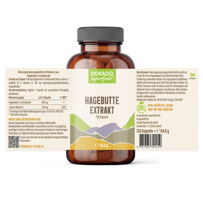 Hagebutte Extrakt Kapseln –  440 mg Frucht  – 30% Vitamin C | 120 Stück – 2 Monatsvorrat