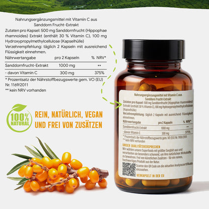 Sanddorn Extrakt Kapseln –  500 mg Frucht  – 30% Vitamin C | 120 Stück – 2 Monatsvorrat
