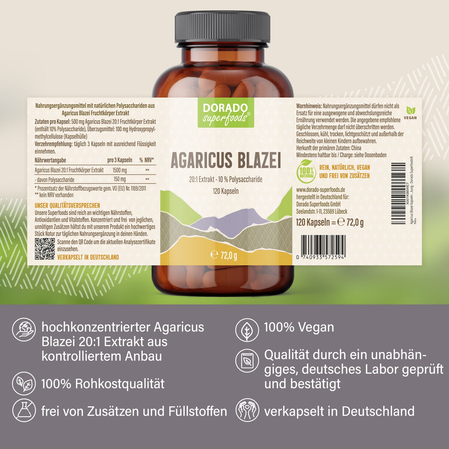 Agaricus Blazei Kapseln 20:1 Extrakt - 120 Stück, 1500 mg Tagesportion