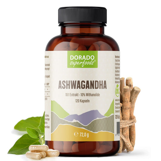 Ashwagandha Extrakt Kapseln 10% Withanolide - 120 Stück, 1000 mg Tagesportion