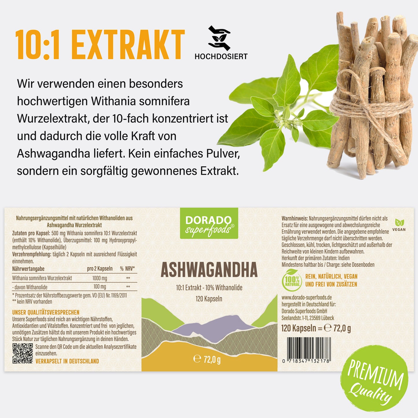 Ashwagandha Extrakt Kapseln 10% Withanolide - 120 Stück, 1000 mg Tagesportion