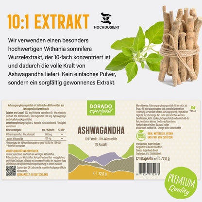 Ashwagandha Extrakt Kapseln 10% Withanolide - 120 Stück, 1000 mg Tagesportion