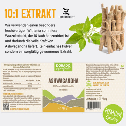 Ashwagandha Extrakt Kapseln 10% Withanolide - 120 Stück, 1000 mg Tagesportion