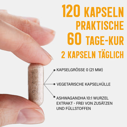 Ashwagandha Extrakt Kapseln 10% Withanolide - 120 Stück, 1000 mg Tagesportion