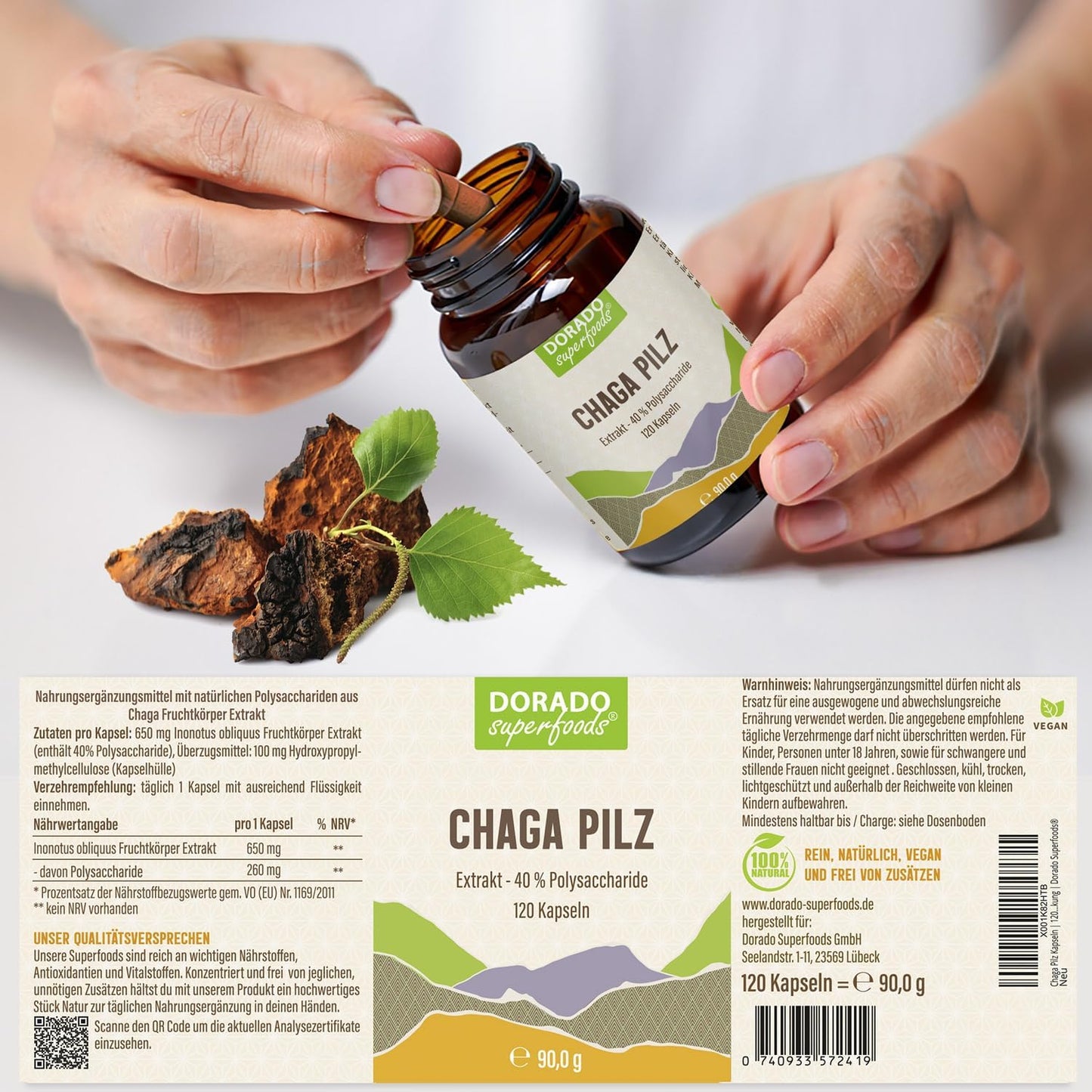 Chaga Extrakt Kapseln - 120 Stück, 40% Polysaccharide