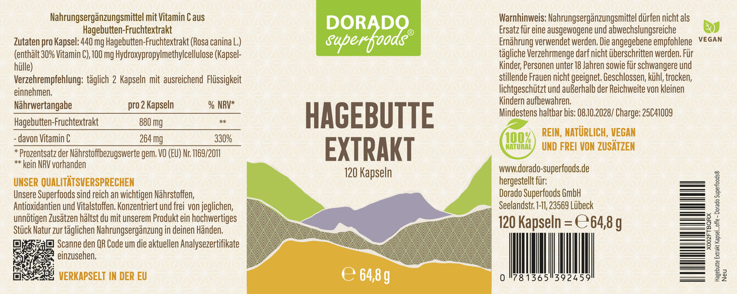 Hagebutte Extrakt Kapseln –  440 mg Frucht  – 30% Vitamin C | 120 Stück – 2 Monatsvorrat