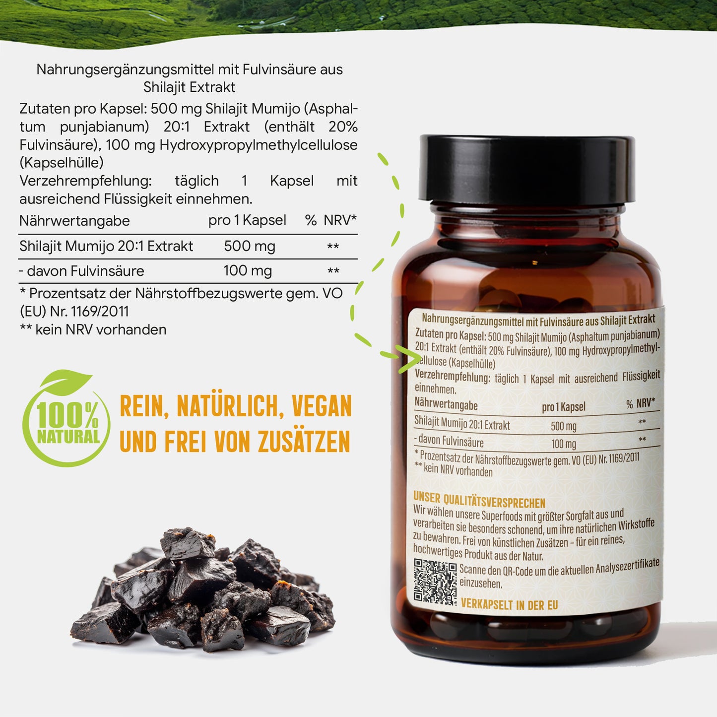 Shilajit Mumijo Extrakt Kapseln –  500 mg – 20% Fulvinsäure | 120 Stück – 4 Monatsvorrat