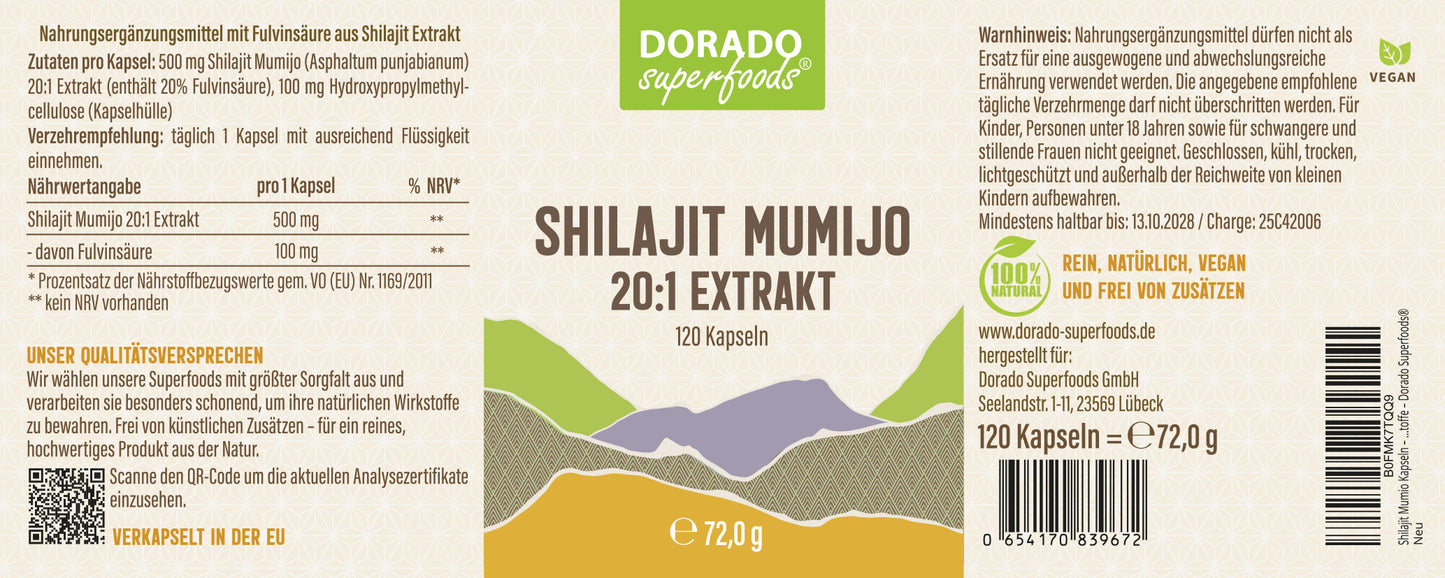 Shilajit Mumijo Extrakt Kapseln –  500 mg – 20% Fulvinsäure | 120 Stück – 4 Monatsvorrat