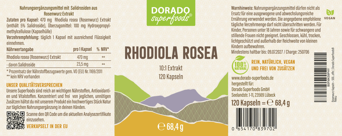 Rosenwurz Kapseln – 470 mg Rhodiola rosea Extrakt | 5 % Salidroside – 120 Stück 4-Monatsvorrat