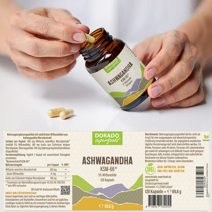 Ashwagandha KSM66 Extrakt Kapseln 5% Withanolide - 120 Stück, 300 mg Tagesportion
