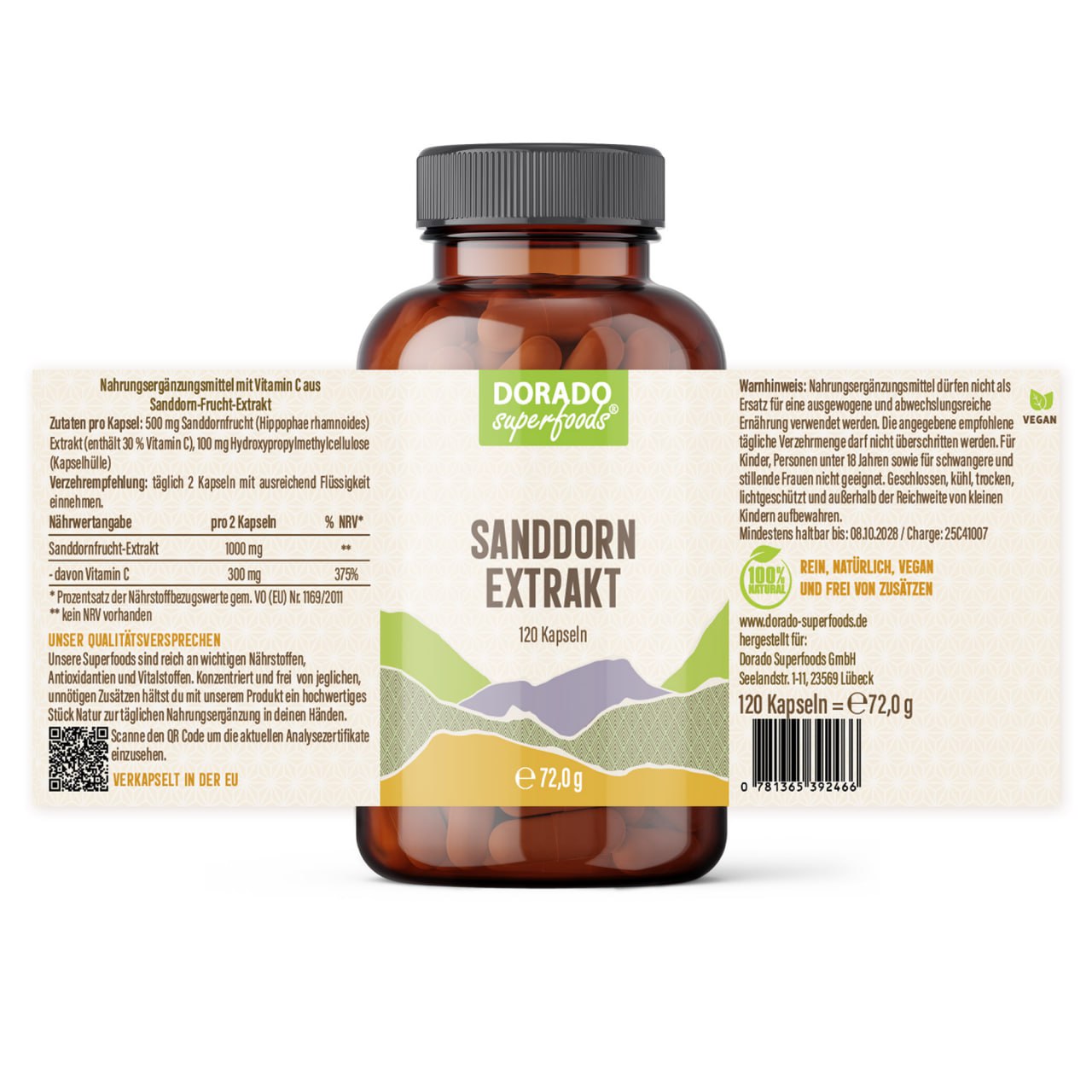 Sanddorn Extrakt Kapseln –  500 mg Frucht  – 30% Vitamin C | 120 Stück – 2 Monatsvorrat