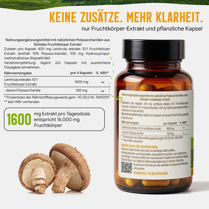Shiitake Extrakt Kapseln - 120 Stück, 1600 mg Tagesportion